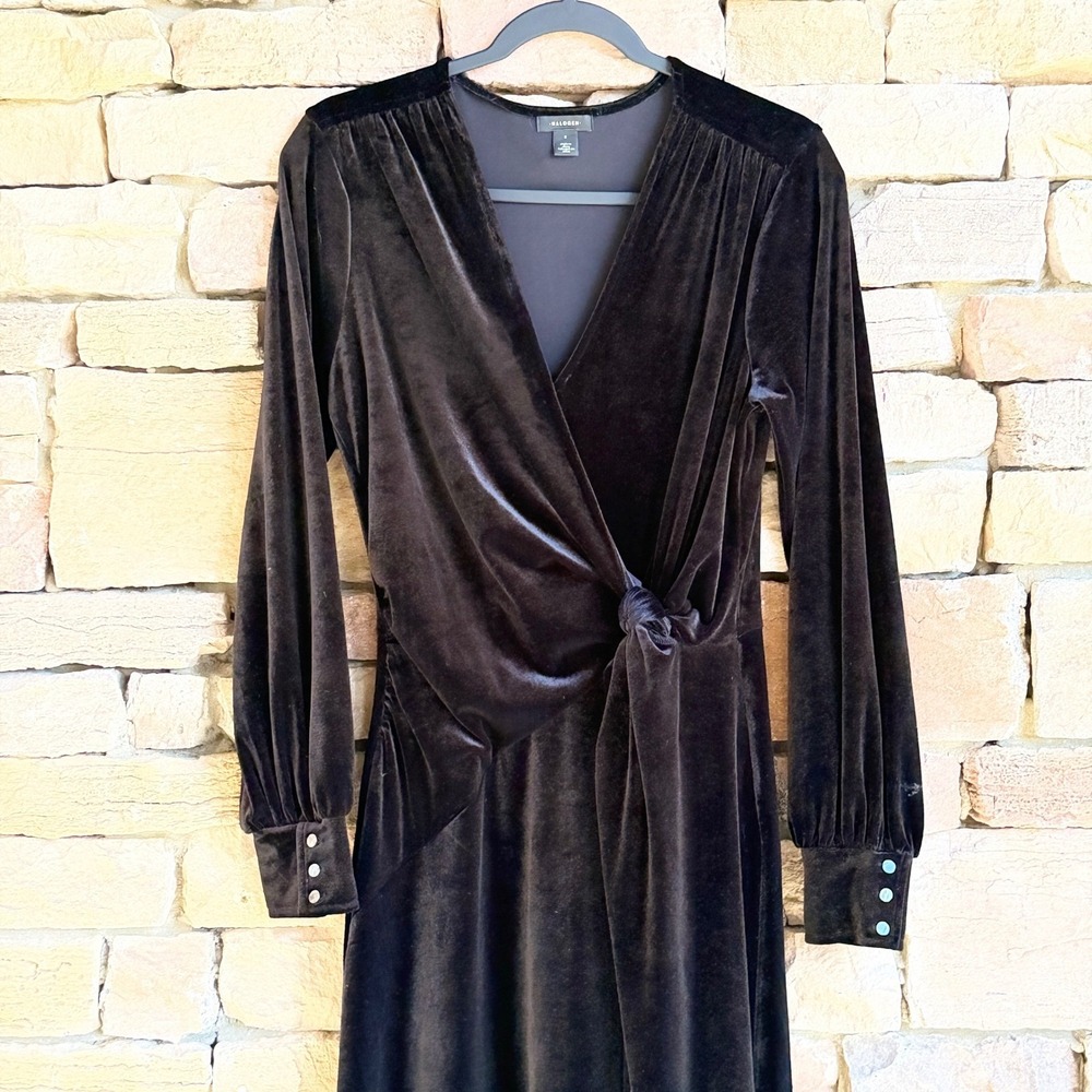 Halogen S Black Velvet Faux Wrap V Neck Knot Long Sleeve Midi Women Dress Goth - Picture 5 of 12